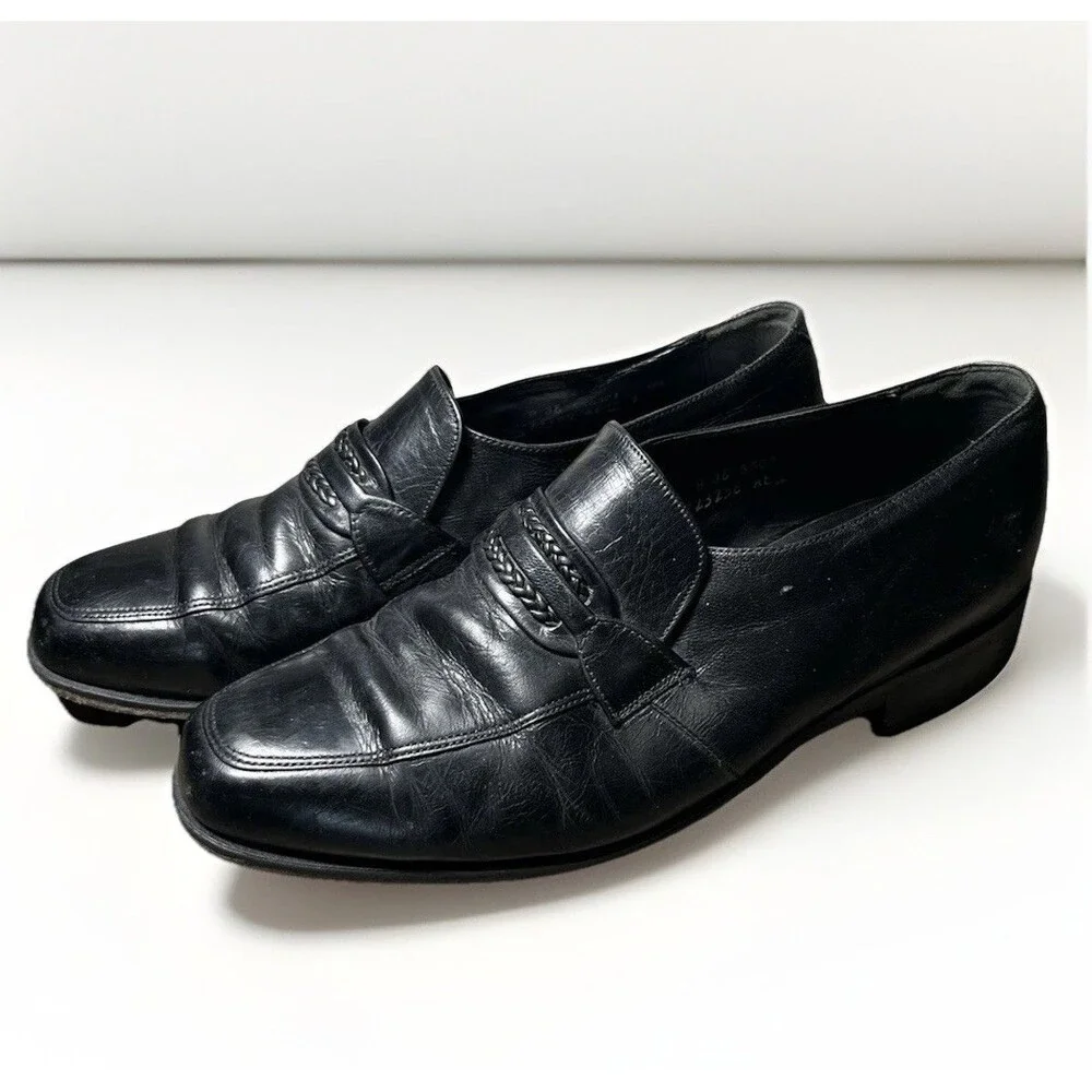 Florsheim Mens Black Leather Apron Toe Penny Loafers Size 7 D Leather Sole